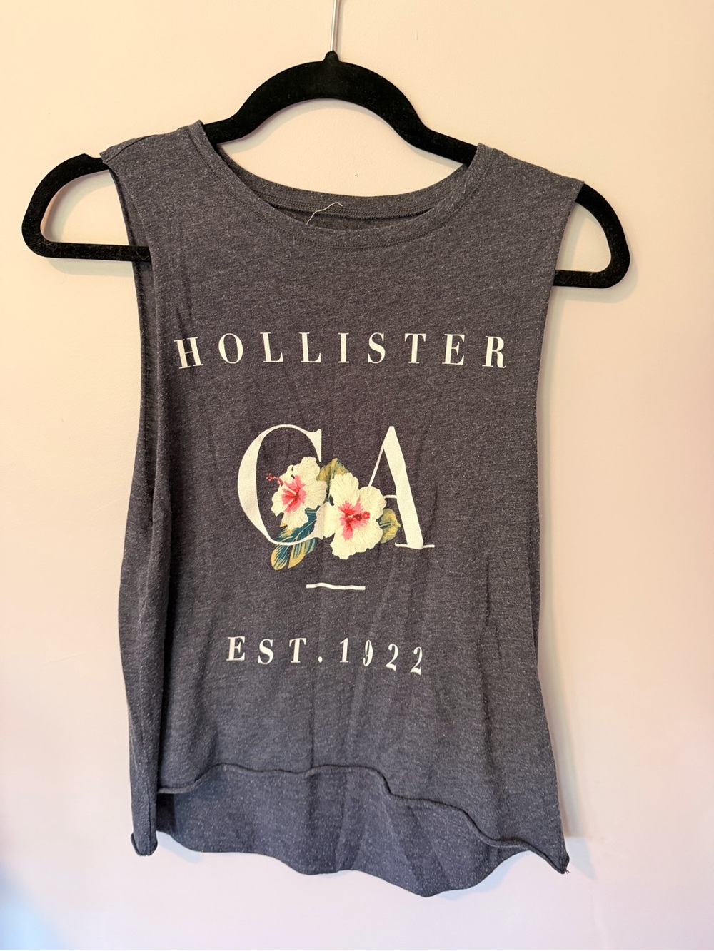 Hollister Charcoal Gray Sleeveless Graphic Tank with Floral CA Logo